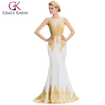 Grace Karin ärmellose goldene Applikationen lange weiße formale Abendkleid Ball unten Kleider GK000026-2